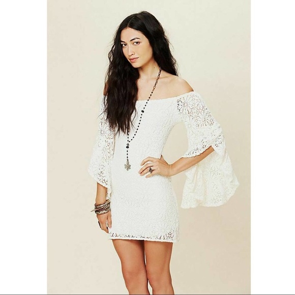 Jen's Pirate Booty Mini Dress French Lace Bardot Natural Size Medium - Picture 10 of 16